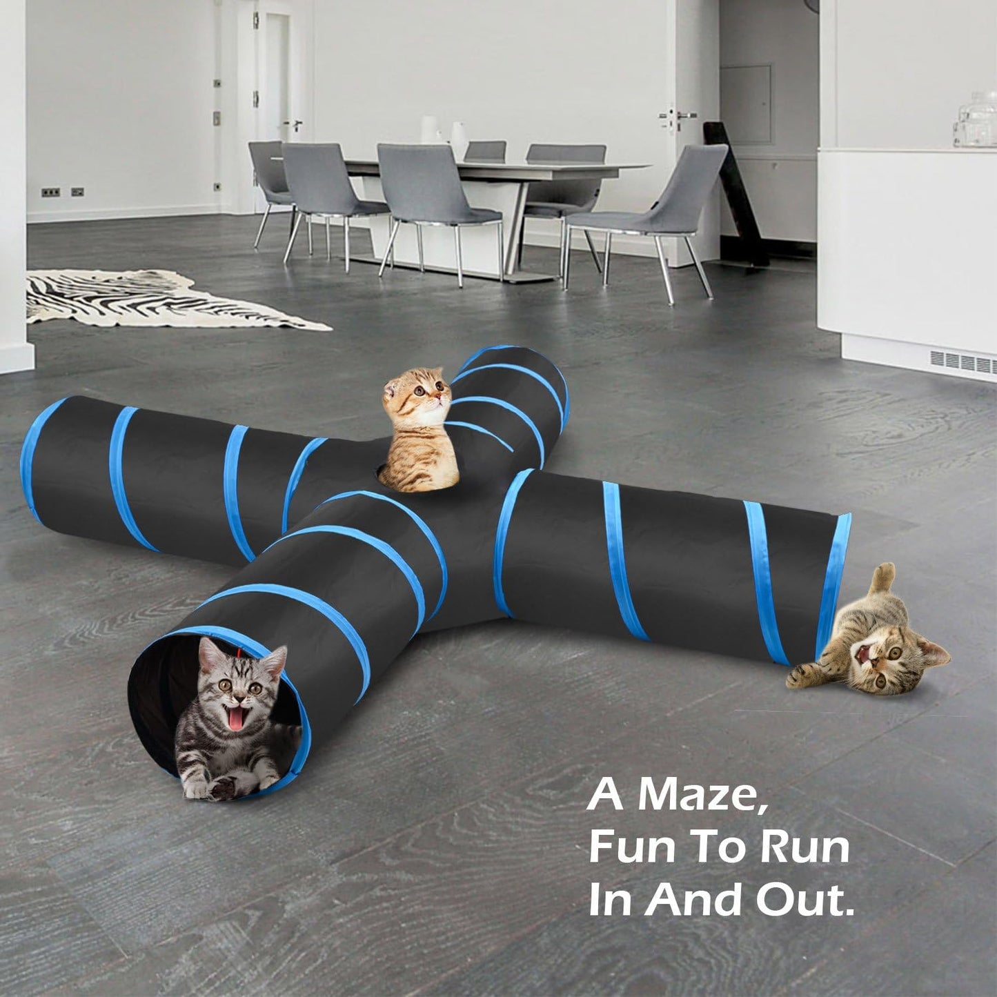 4-Way Cat Tunnel Toy – Interactive Play Tunnel with Balls & Bells (25 × 53 cm, Blue)