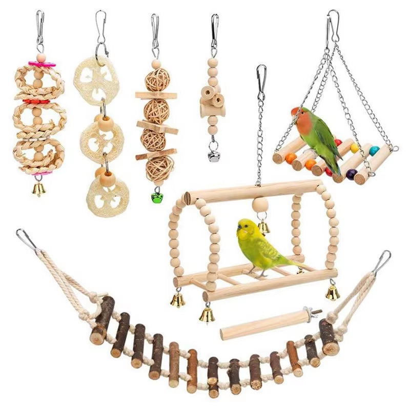8-Piece Parrot Toy Set – Wood Chew, Swing, Ball & Bell Toys