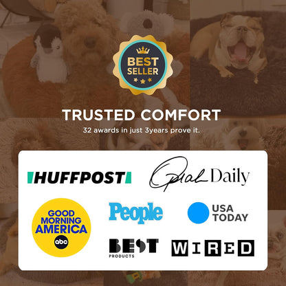 Calming Plush Cat Bed, 20 in (50 cm) – Anti-Slip, Washable (Camel)