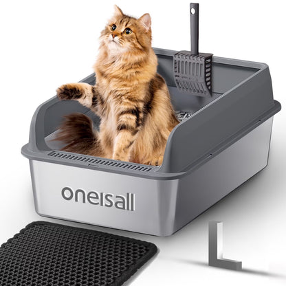 Stainless Steel Cat Litter Box for Large Cats (L), Dark Gray