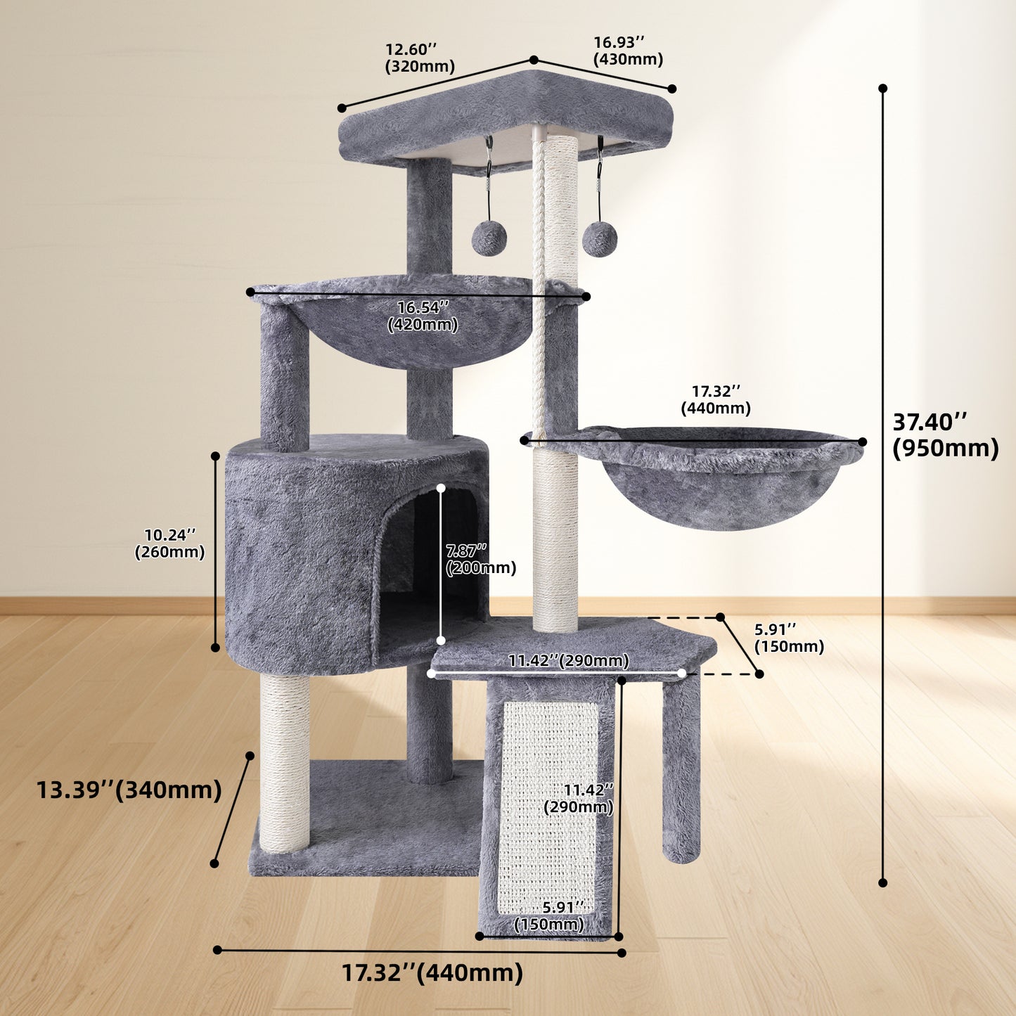 37.4" (95 см) Cat Tree – Tower with Scratching Posts & Condo