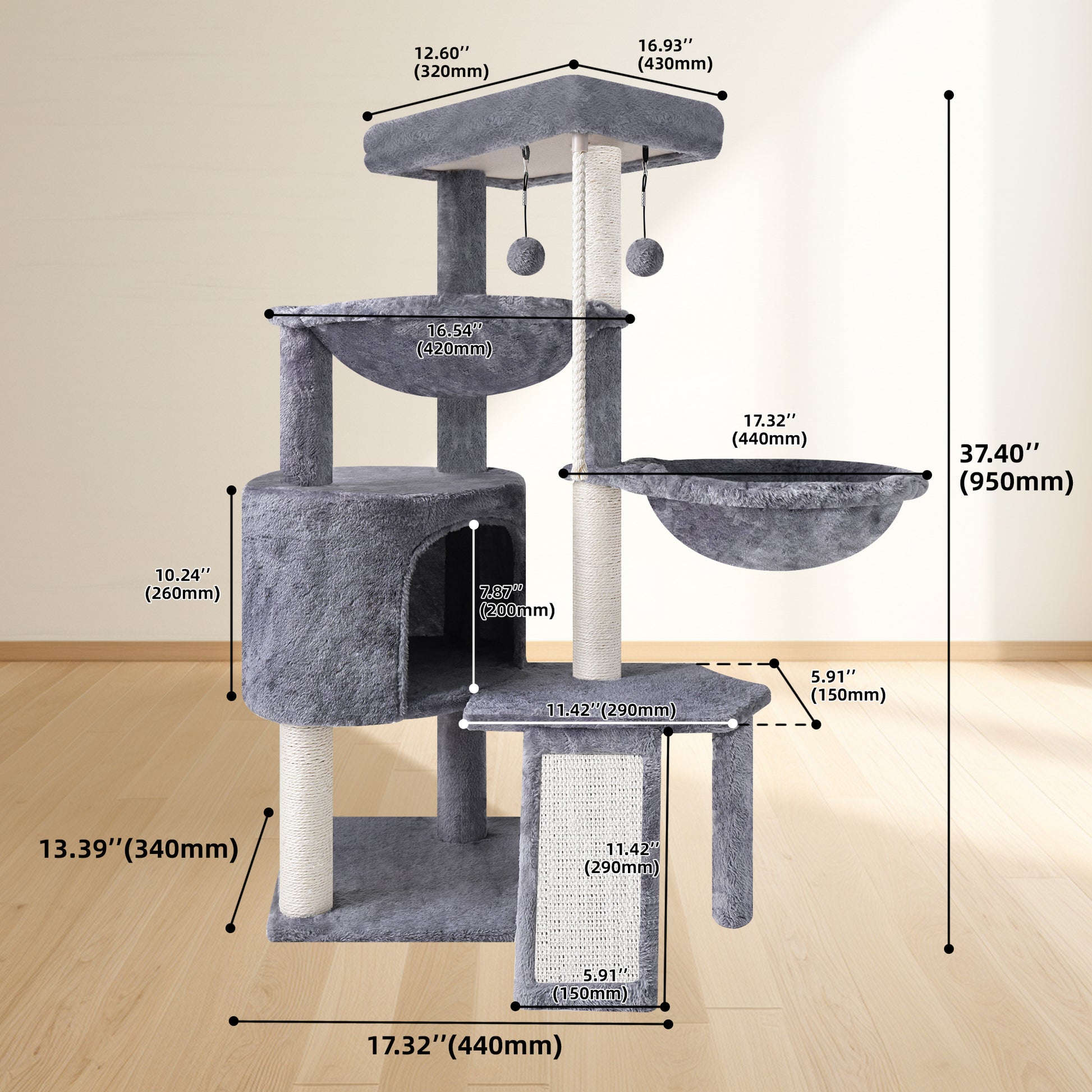 37.4" (95 см) Cat Tree – Tower with Scratching Posts & Condo