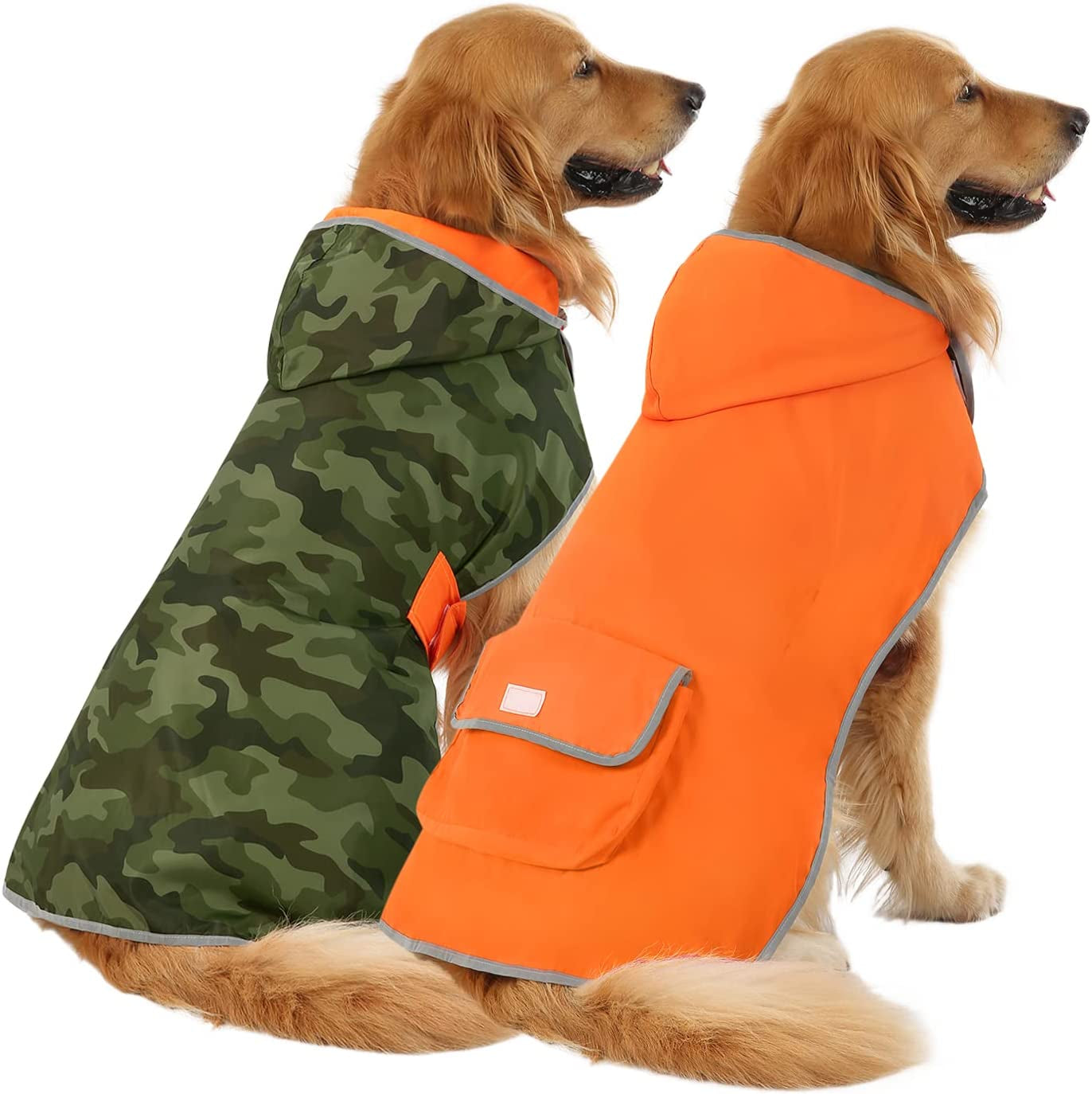 Reversible Dog Raincoat with Hood – Waterproof Jacket (Orange Camo, L)