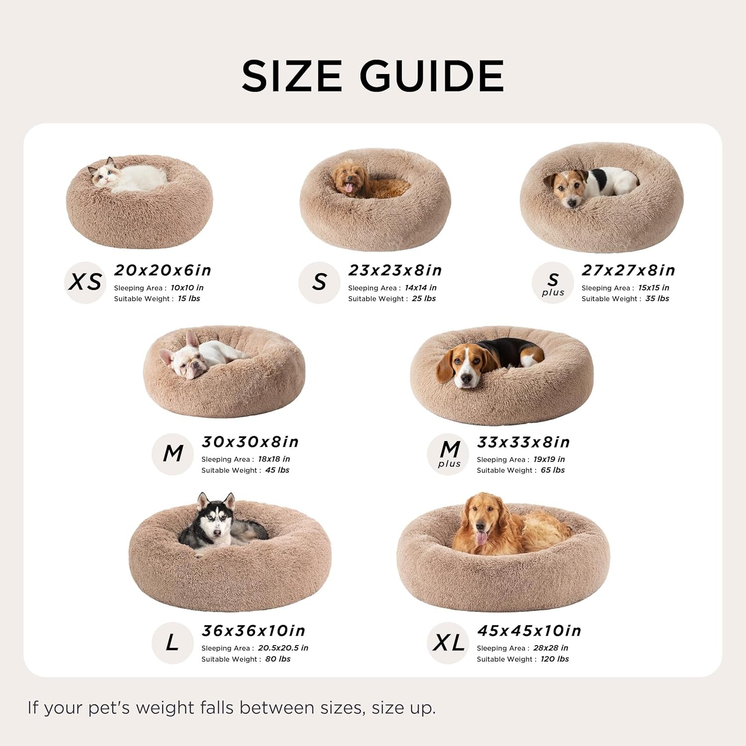 Calming Plush Cat Bed, 20 in (50 cm) – Anti-Slip, Washable (Camel)