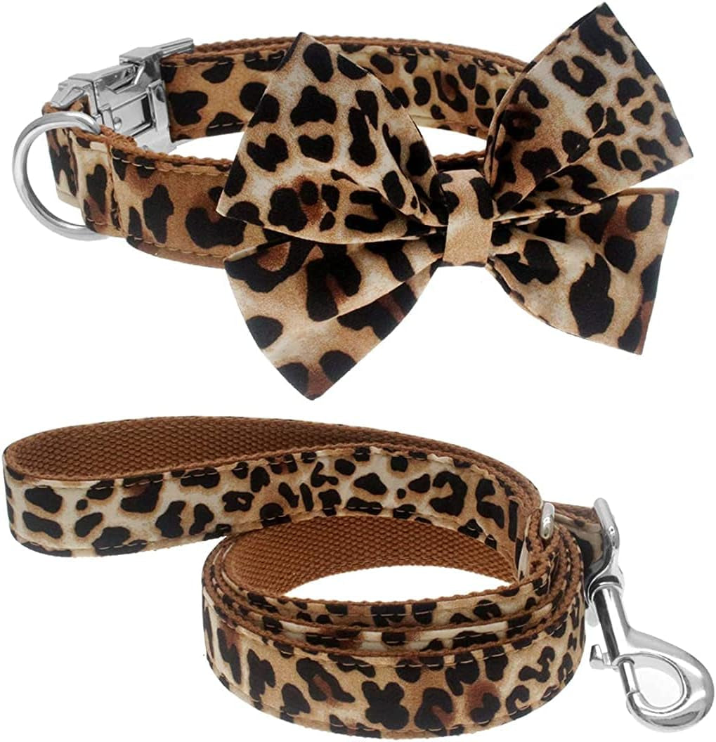 Leopard Bowtie Dog Collar, Cotton Adjustable 9.84 in-12.99 in (S, 25–33 cm)