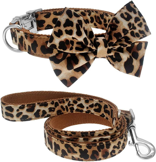Leopard Bowtie Dog Collar, Cotton Adjustable 9.84 in-12.99 in (S, 25–33 cm)
