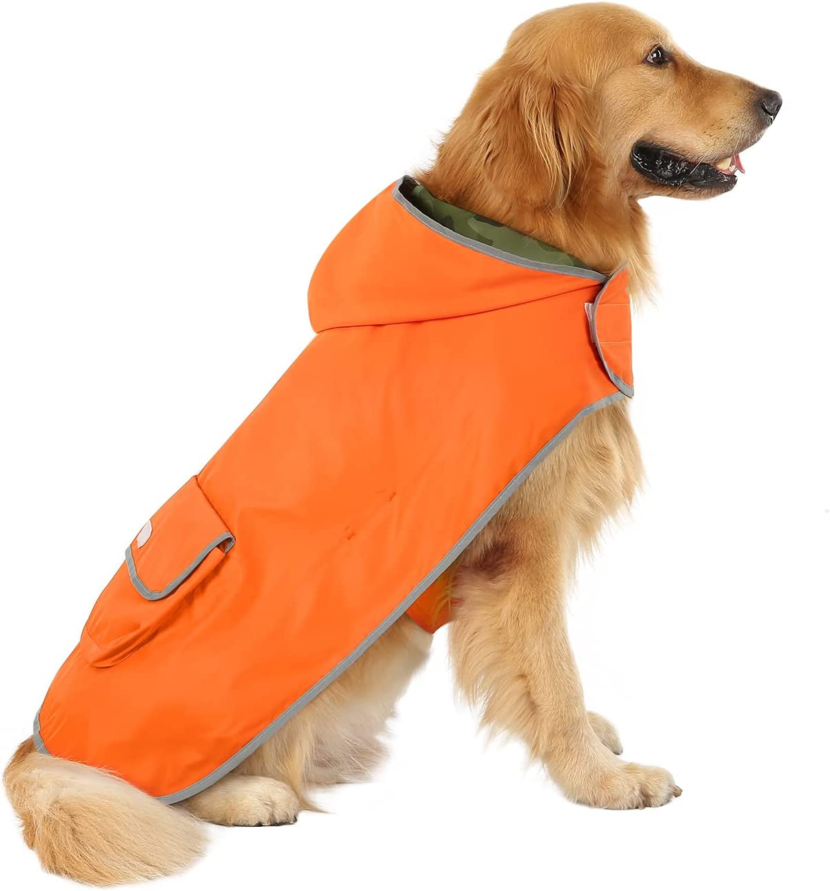 Reversible Dog Raincoat with Hood – Waterproof Jacket (Orange Camo, L)