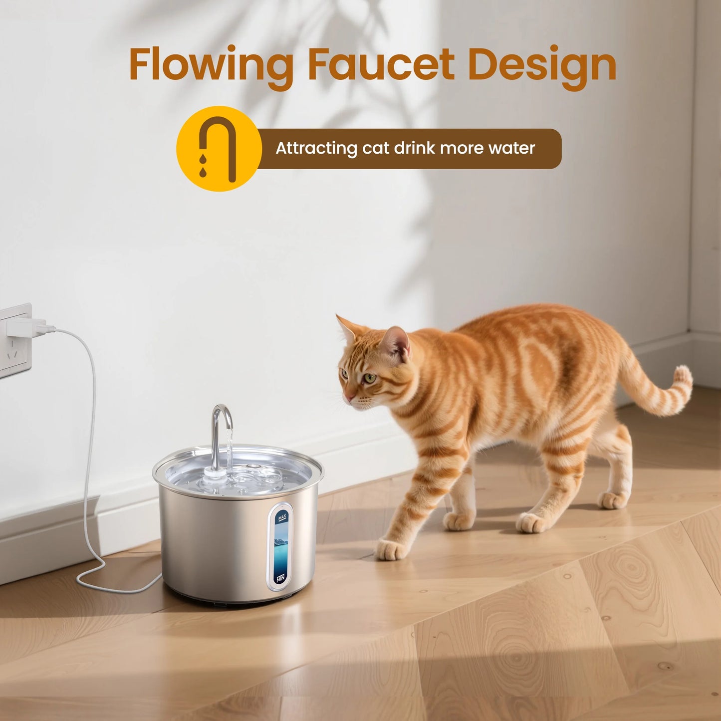 PWF-001 304 Stainless Steel Cat Water Fountain, 2L Water Fountains for Cats Indoor - Silver