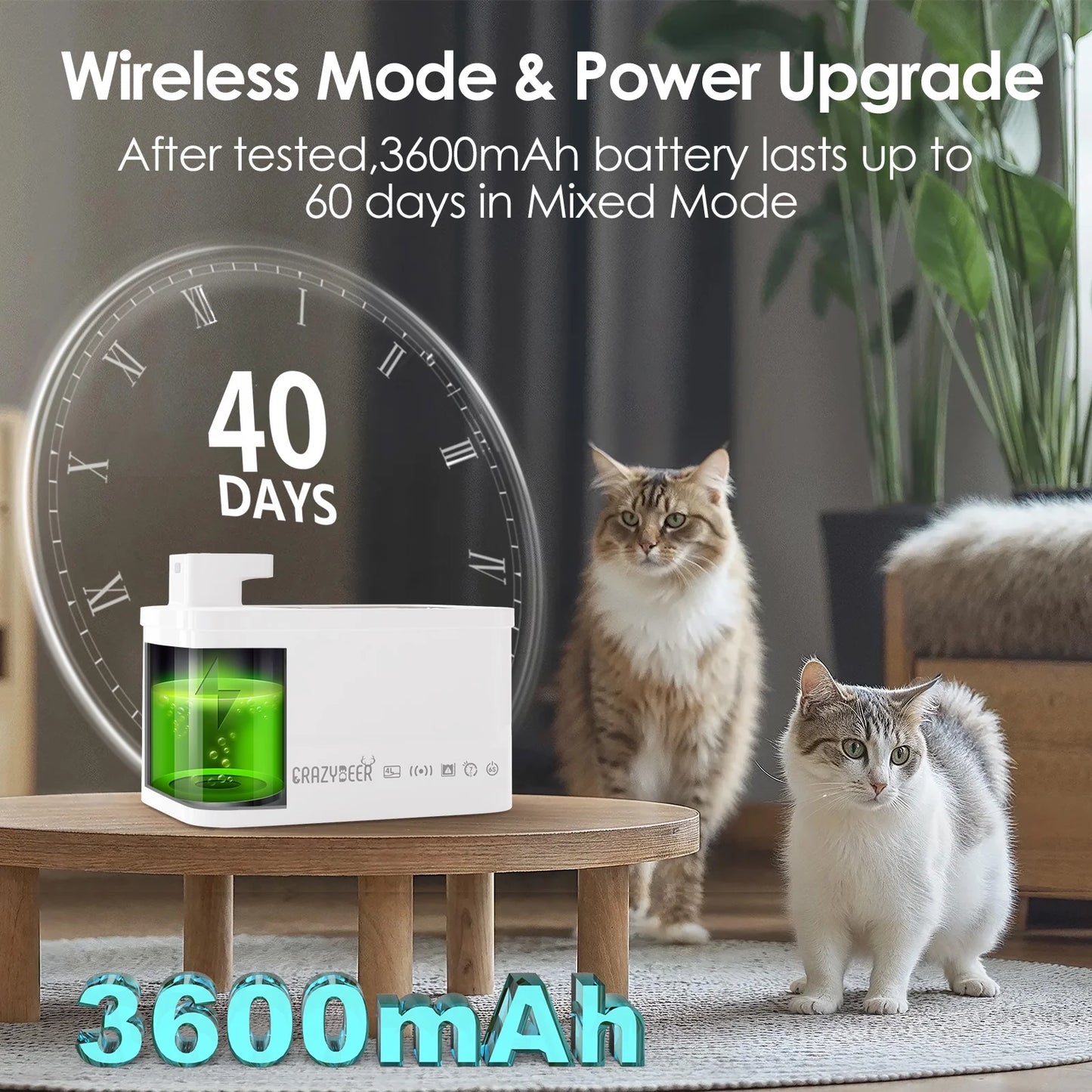 Pet Water Fountain (4L), Stainless Steel Wireless-Automatic Indoor Dispenser