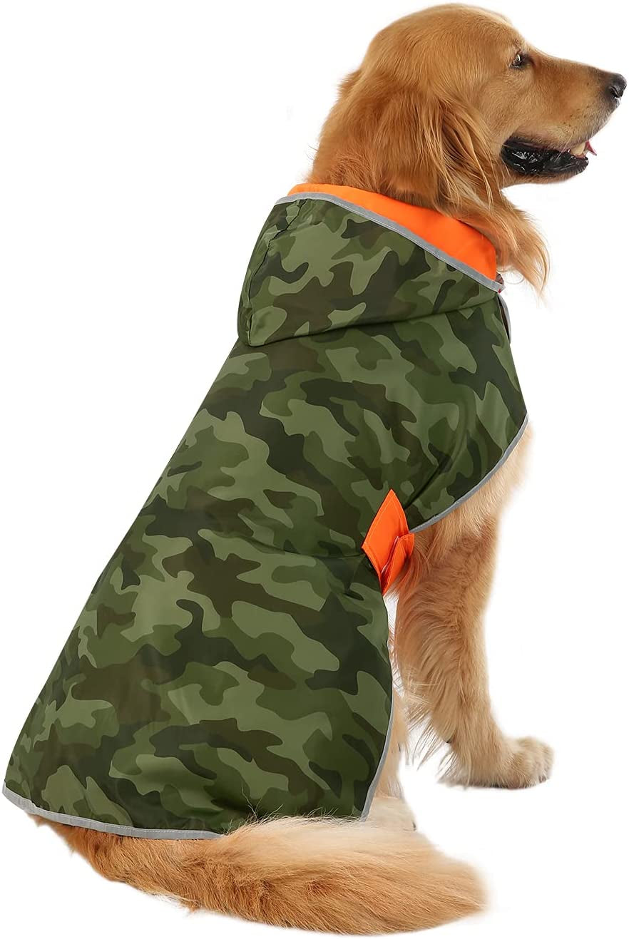 Reversible Dog Raincoat with Hood – Waterproof Jacket (Orange Camo, L)