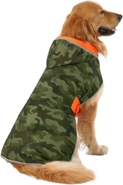 Reversible Dog Raincoat with Hood – Waterproof Jacket (Orange Camo, L)