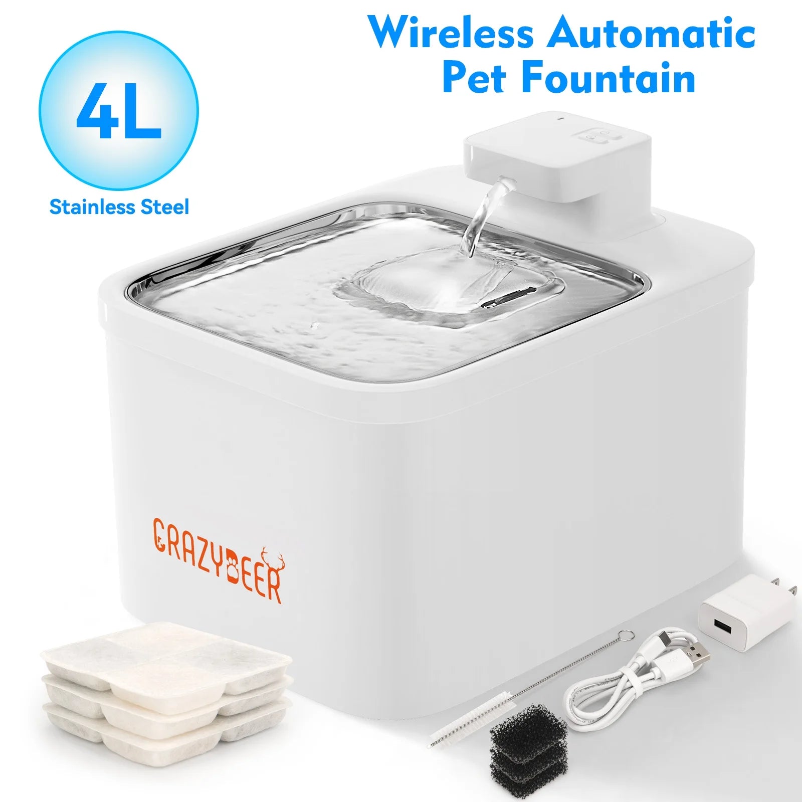 Pet Water Fountain (4L), Stainless Steel Wireless-Automatic Indoor Dispenser