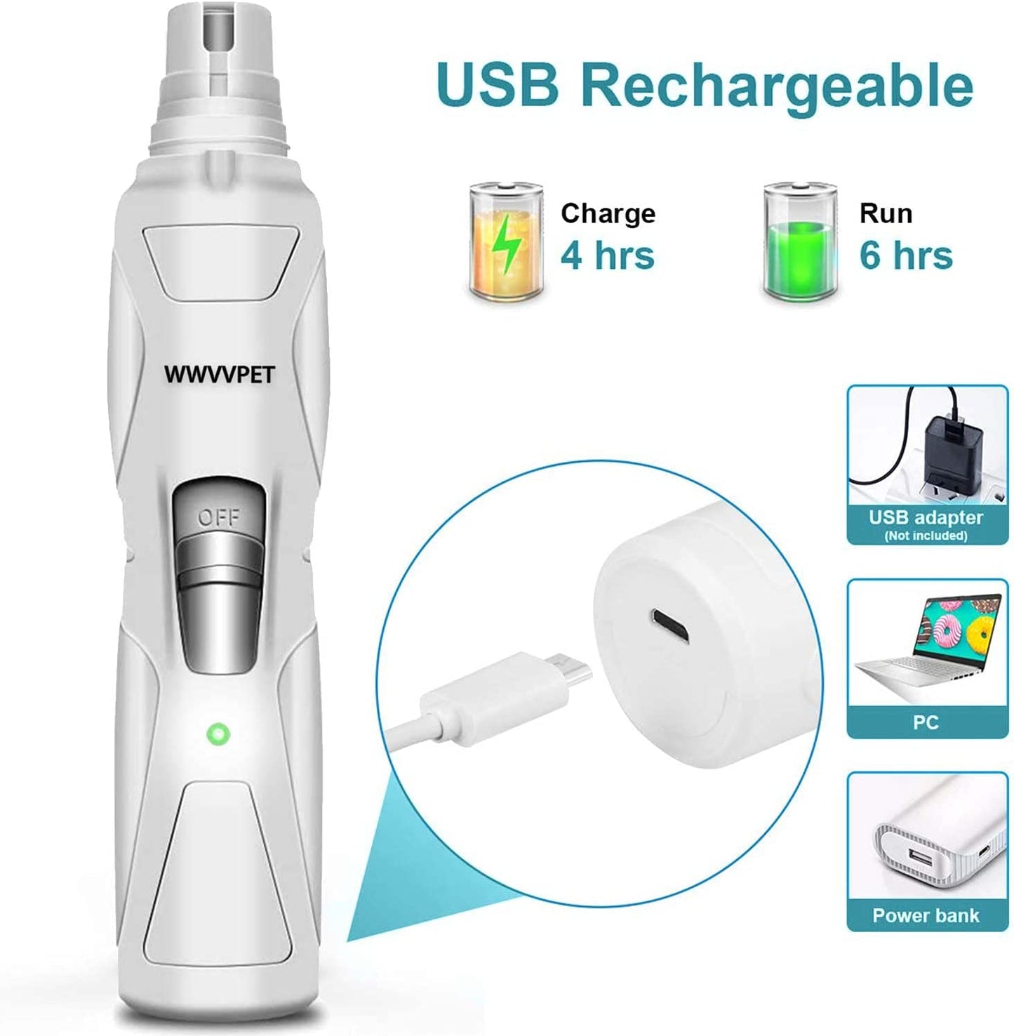 Pet Nail Grinder with LED Light – 2-Speed Quiet Nail Trimmer for Dogs & Cats (S/M/L)