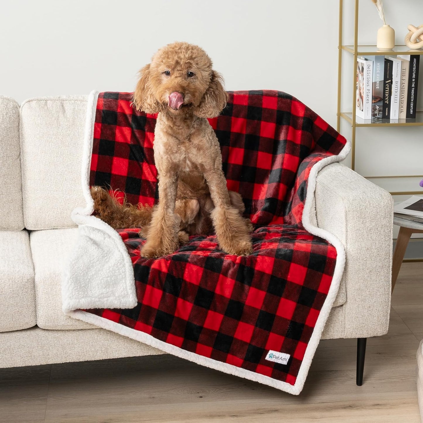 Waterproof Sherpa Dog Blanket, Leakproof Reversible Cover, 80×60 (203×152 cm), Red Plaid