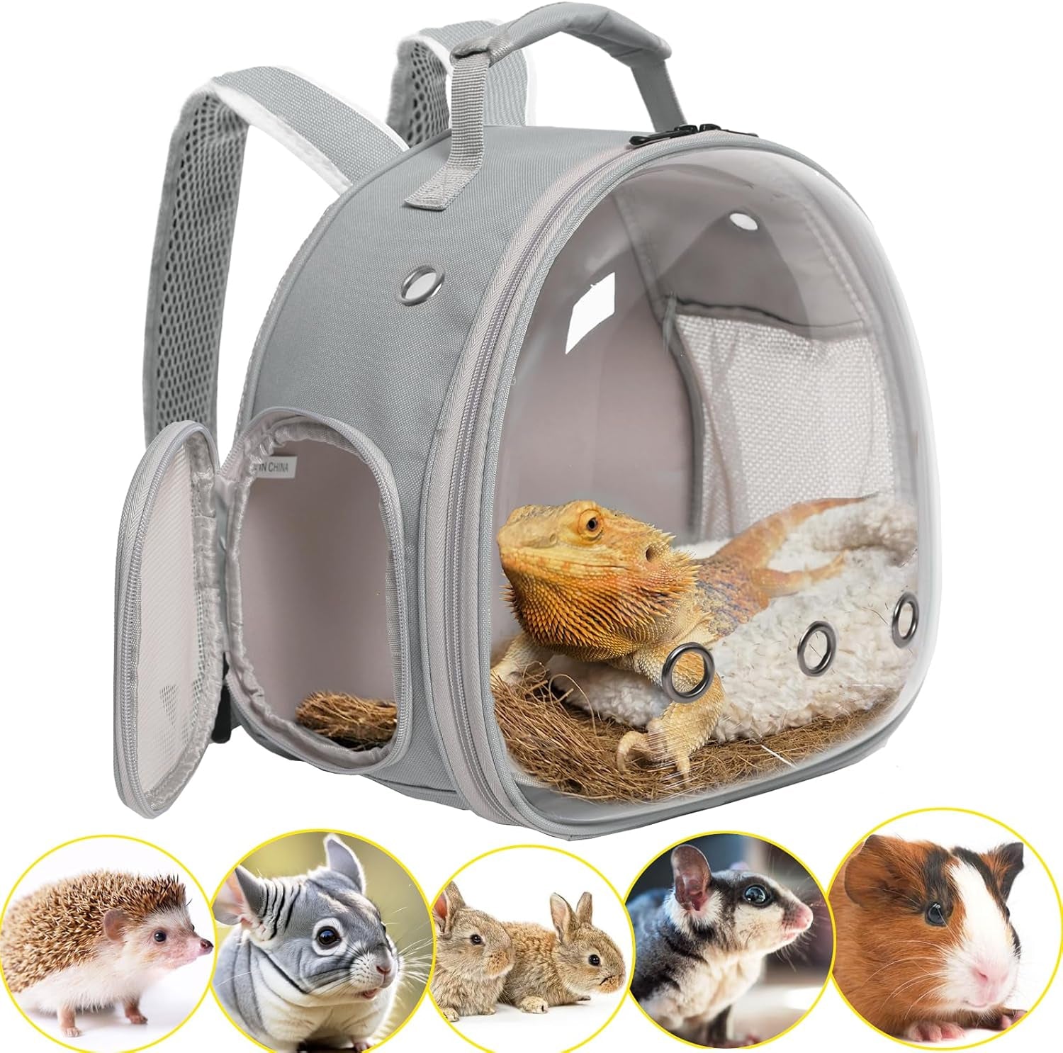 Small Animal Backpack Carrier with Bubble Window – Travel Backpack for Guinea Pigs & Reptiles (Grey)