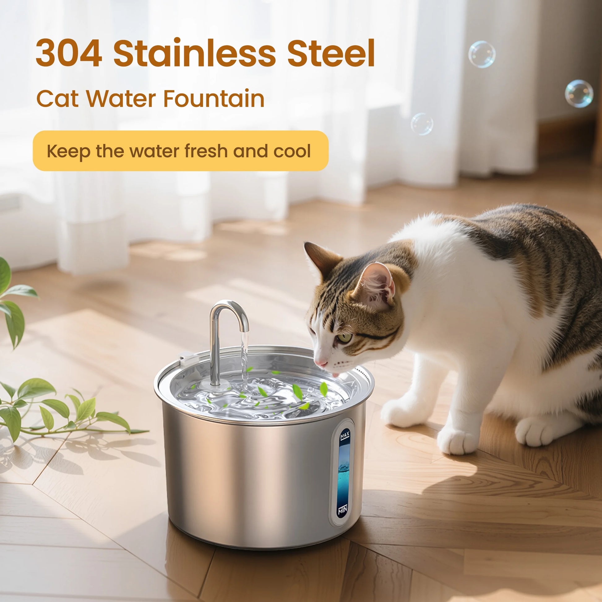 PWF-001 304 Stainless Steel Cat Water Fountain, 2L Water Fountains for Cats Indoor - Silver