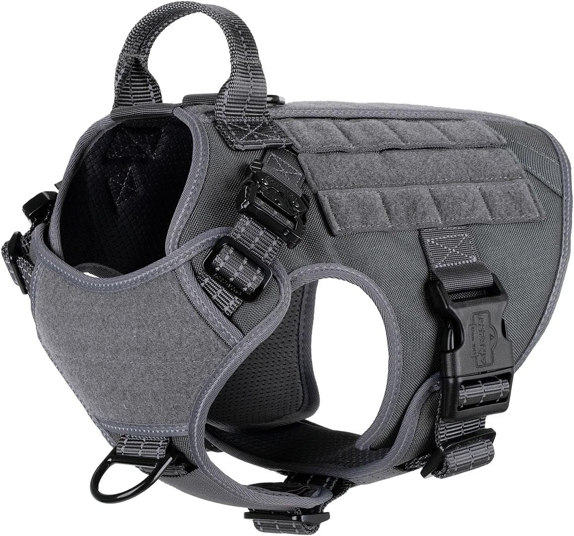 Tactical Dog Harness with Handle – No-Pull MOLLE Vest, Metal Buckles (Grey, Medium)