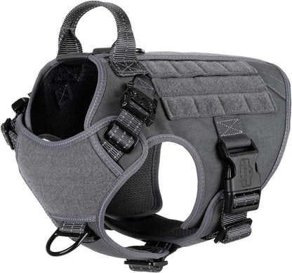 Tactical Dog Harness with Handle – No-Pull MOLLE Vest, Metal Buckles (Grey, Medium)