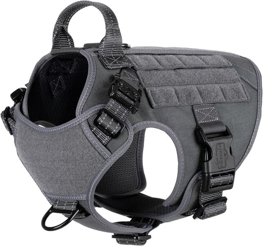 Tactical Dog Harness with Handle – No-Pull MOLLE Vest, Metal Buckles (Grey, Medium)