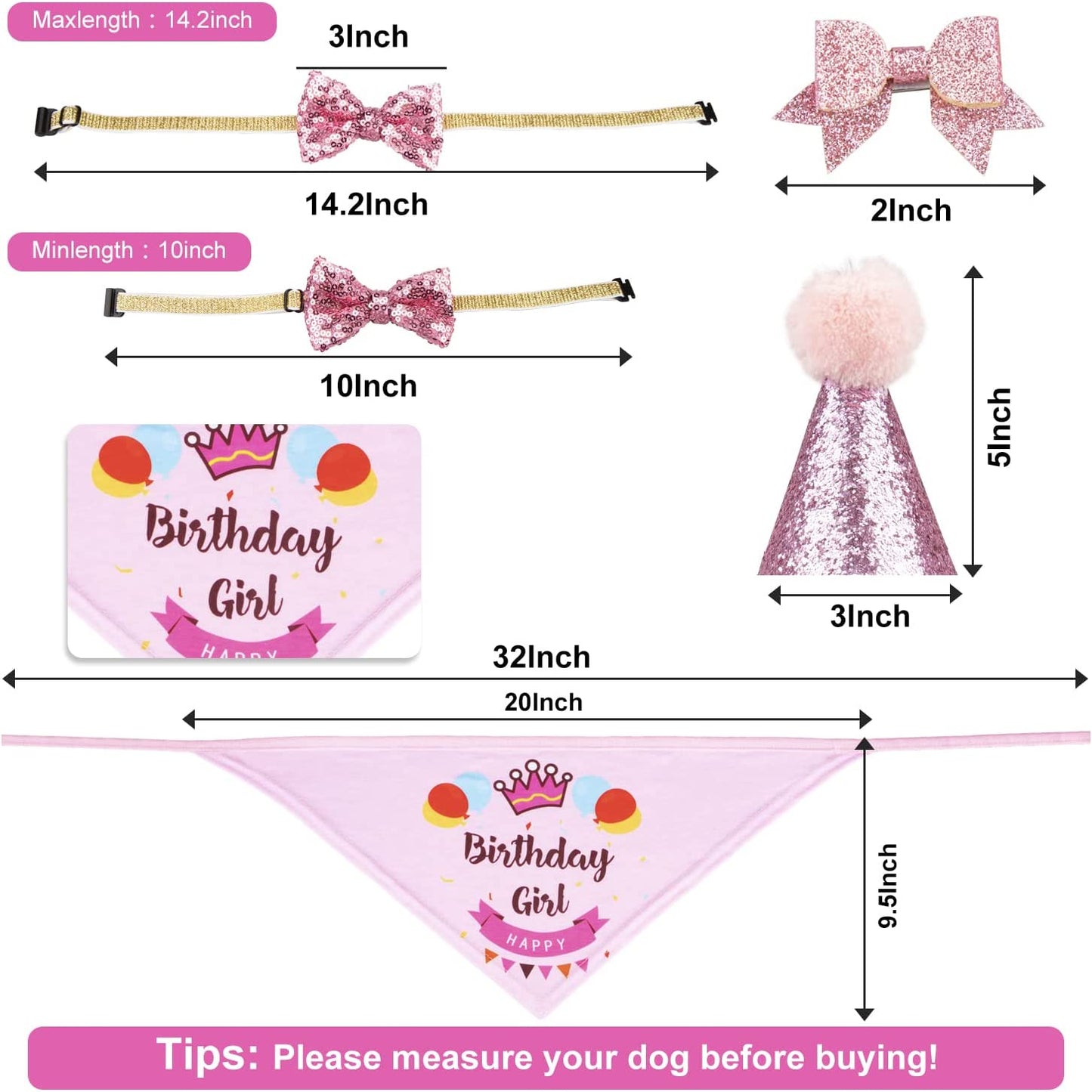 Dog Birthday Party Set – Bandana, Hat & Banner (Pink, Girl)