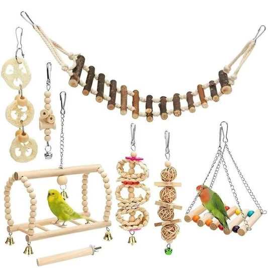 8-Piece Parrot Toy Set – Wood Chew, Swing, Ball & Bell Toys