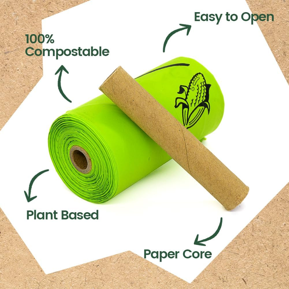 Compostable Dog Poop Bags – Plant-Based, Easy-Tie Handles, Unscented, 120 Count with Dispenser