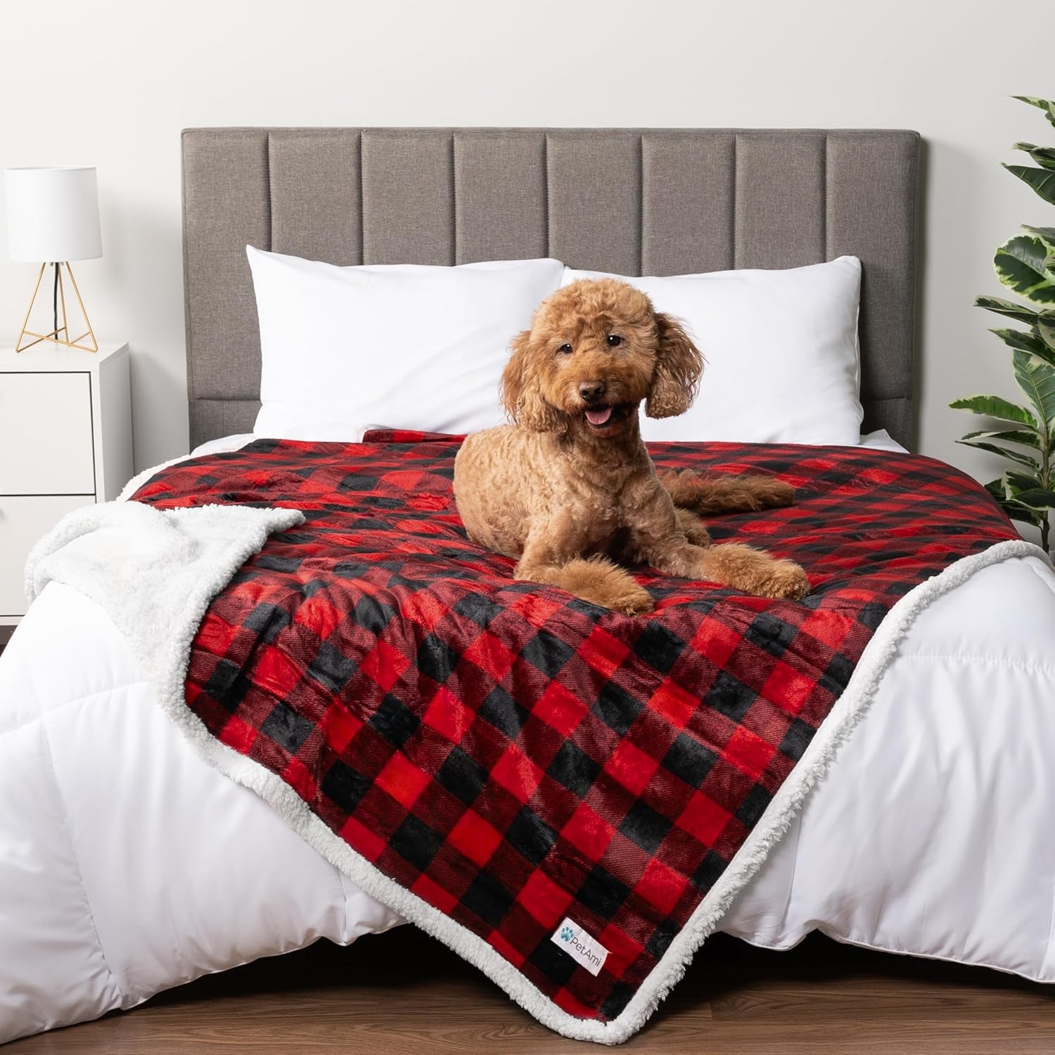 Waterproof Sherpa Dog Blanket, Leakproof Reversible Cover, 80×60 (203×152 cm), Red Plaid