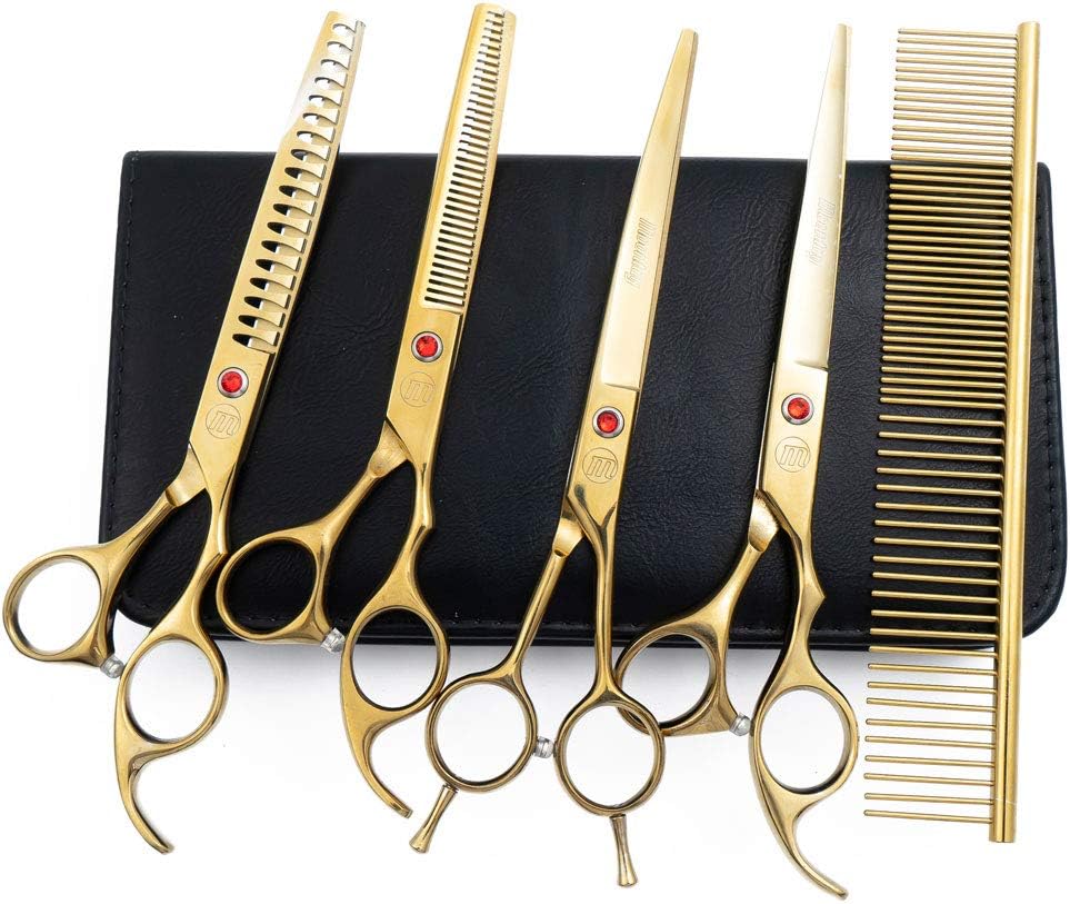 Dog Grooming Scissors Set 7"/8" (18/20 cm) – Curved, Thinning & Chunker Shears with Comb