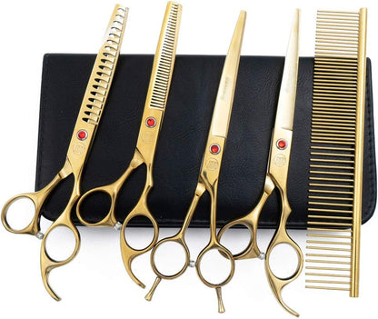 Dog Grooming Scissors Set 7"/8" (18/20 cm) – Curved, Thinning & Chunker Shears with Comb