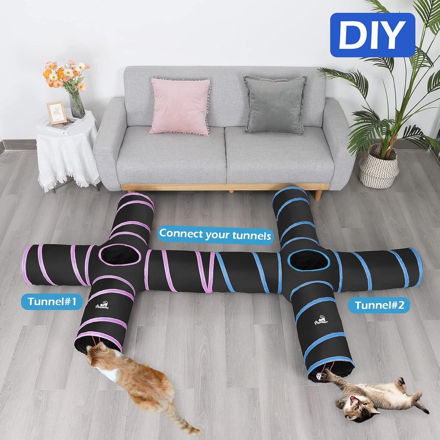 4-Way Cat Tunnel Toy – Interactive Play Tunnel with Balls & Bells (25 × 53 cm, Blue)