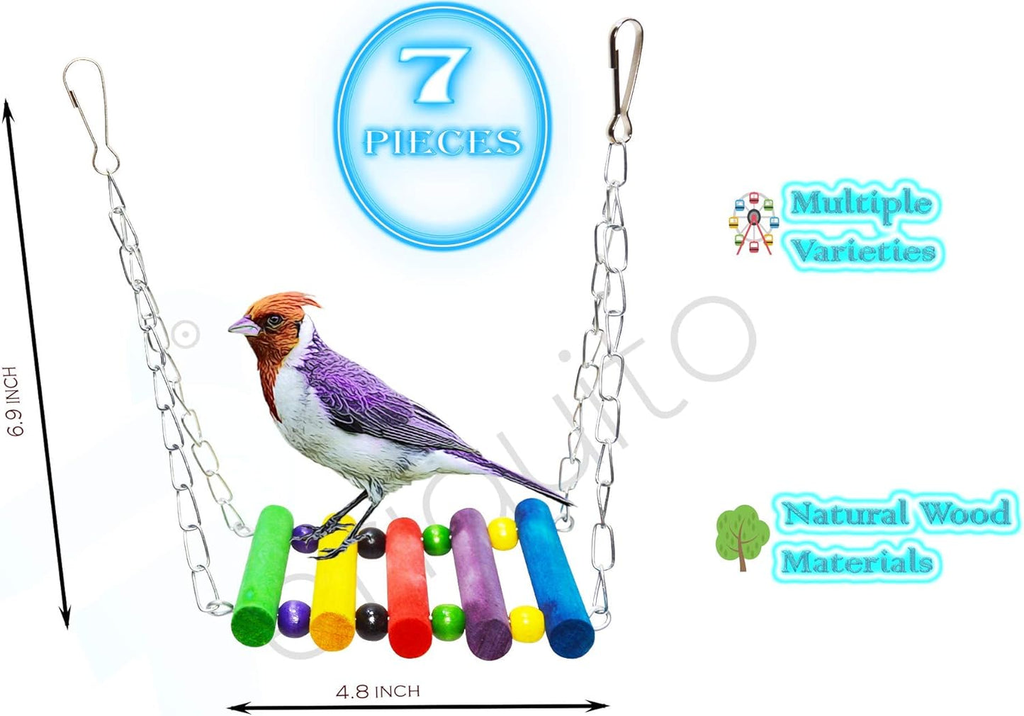 7-Piece Bird Toy Set for Small Parrots & Parakeets | Wood Swings & Perches