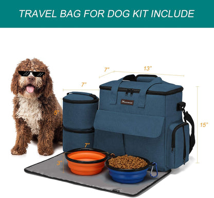 Dog Travel Bag Airline Approved with Food Containers & Bowls (Blue)