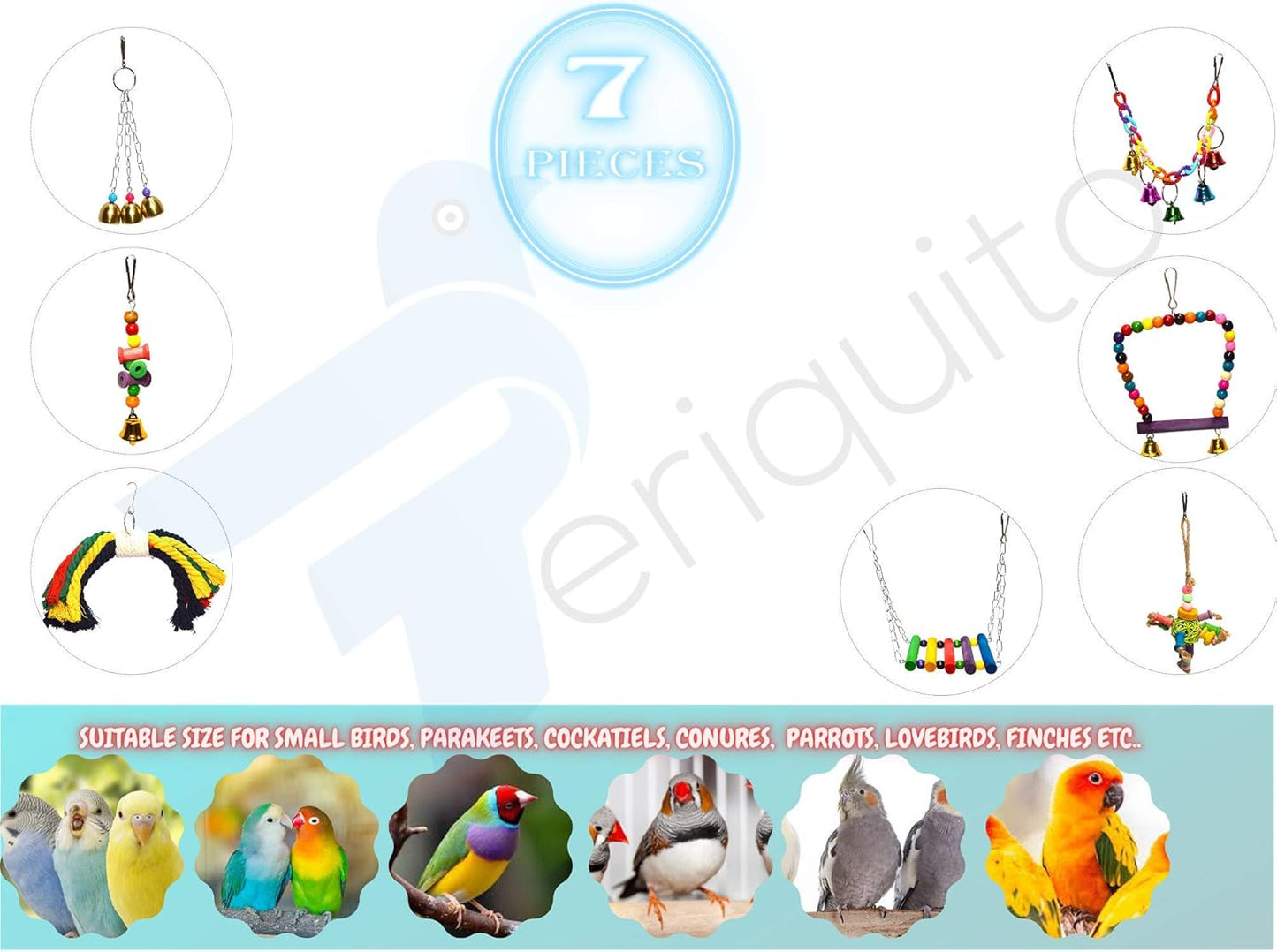 7-Piece Bird Toy Set for Small Parrots & Parakeets | Wood Swings & Perches