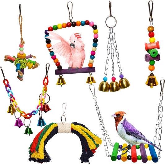 7-Piece Bird Toy Set for Small Parrots & Parakeets | Wood Swings & Perches