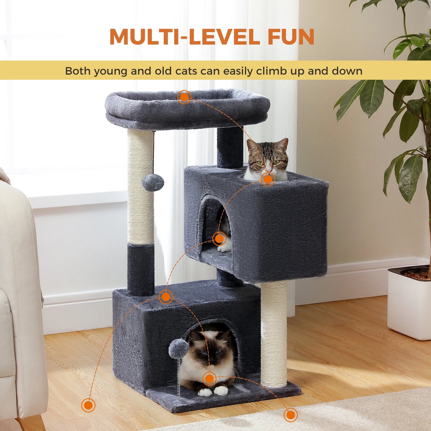 31.5" Modern Cat Tree Tower with Dual Large Condos for Kitten ＆ Medium Size Cat Dark Gray