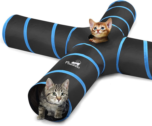 4-Way Cat Tunnel Toy – Interactive Play Tunnel with Balls & Bells (25 × 53 cm, Blue)