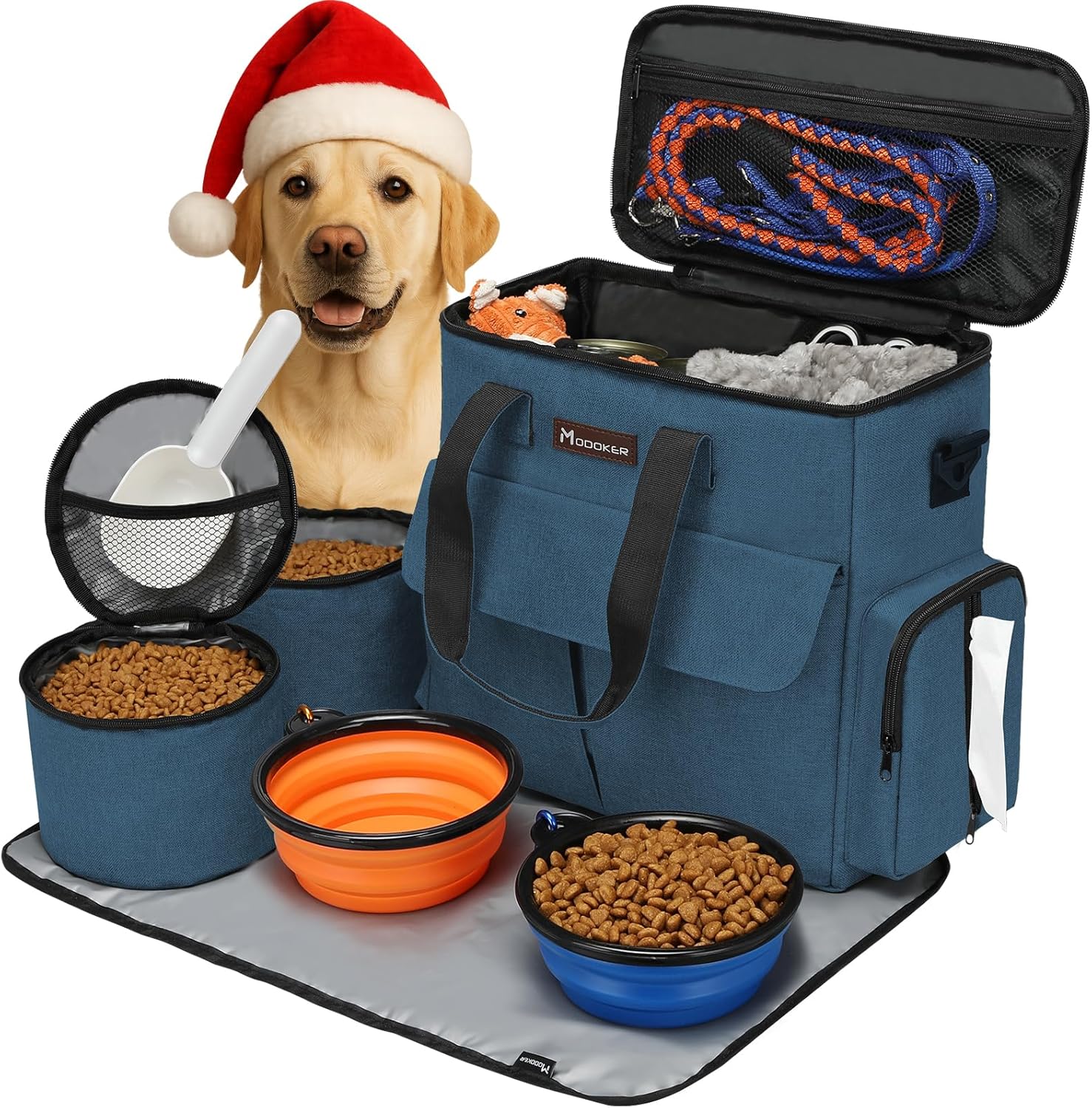 Dog Travel Bag Airline Approved with Food Containers & Bowls (Blue)