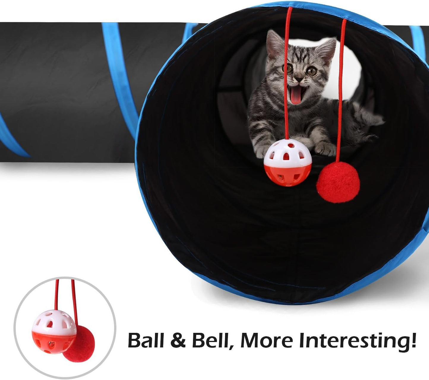 4-Way Cat Tunnel Toy – Interactive Play Tunnel with Balls & Bells (25 × 53 cm, Blue)