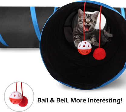 4-Way Cat Tunnel Toy – Interactive Play Tunnel with Balls & Bells (25 × 53 cm, Blue)