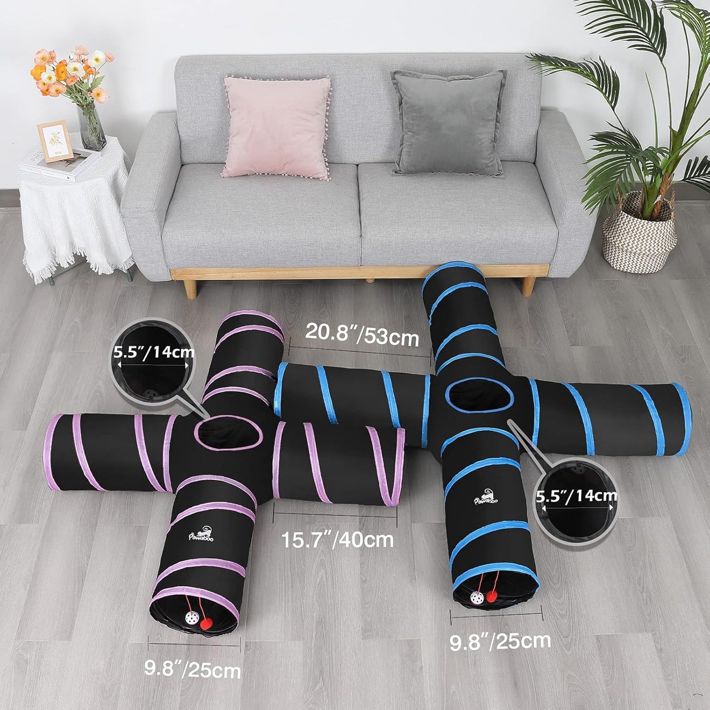 4-Way Cat Tunnel Toy – Interactive Play Tunnel with Balls & Bells (25 × 53 cm, Blue)