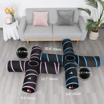 4-Way Cat Tunnel Toy – Interactive Play Tunnel with Balls & Bells (25 × 53 cm, Blue)