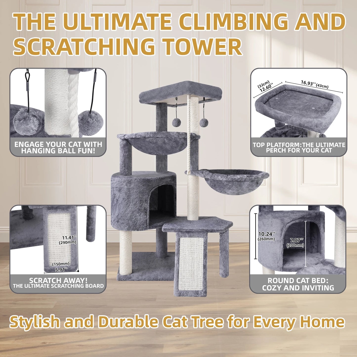 37.4" (95 см) Cat Tree – Tower with Scratching Posts & Condo