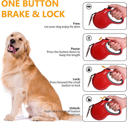 Retractable Dog Leash 16 ft (4.8 m) with Dispenser & Bags – Red