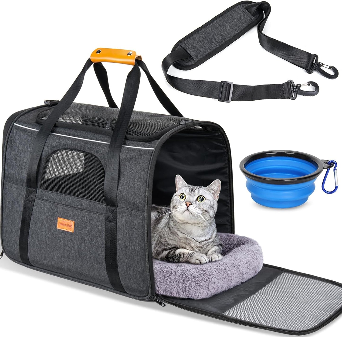 Soft Pet Carrier for Cats & Small Dogs – Travel Carrier with Cushion & Foldable Bowl (up to 9.1 kg, Dark Gray)