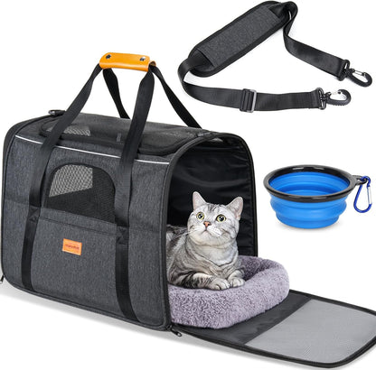 Soft Pet Carrier for Cats & Small Dogs – Travel Carrier with Cushion & Foldable Bowl (up to 9.1 kg, Dark Gray)