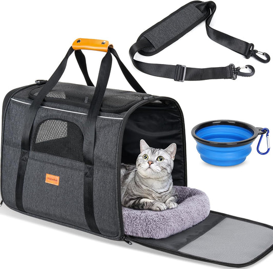 Soft Pet Carrier for Cats & Small Dogs – Travel Carrier with Cushion & Foldable Bowl (up to 9.1 kg, Dark Gray)