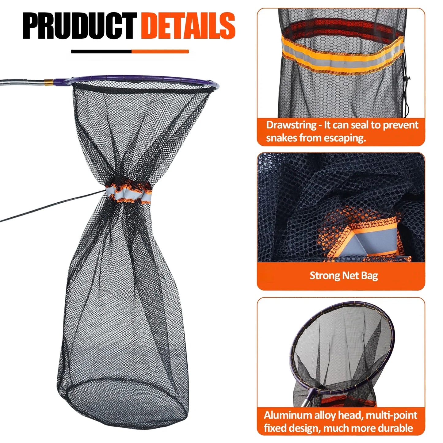 Telescopic Snake Catcher Net with Drawstring, 16 to 58.7 Inch (40–149 cm)