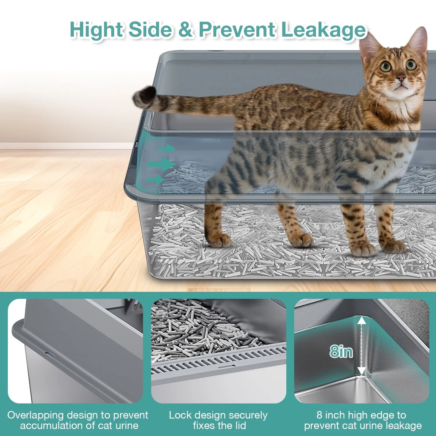 Stainless Steel Cat Litter Box for Large Cats (L), Dark Gray