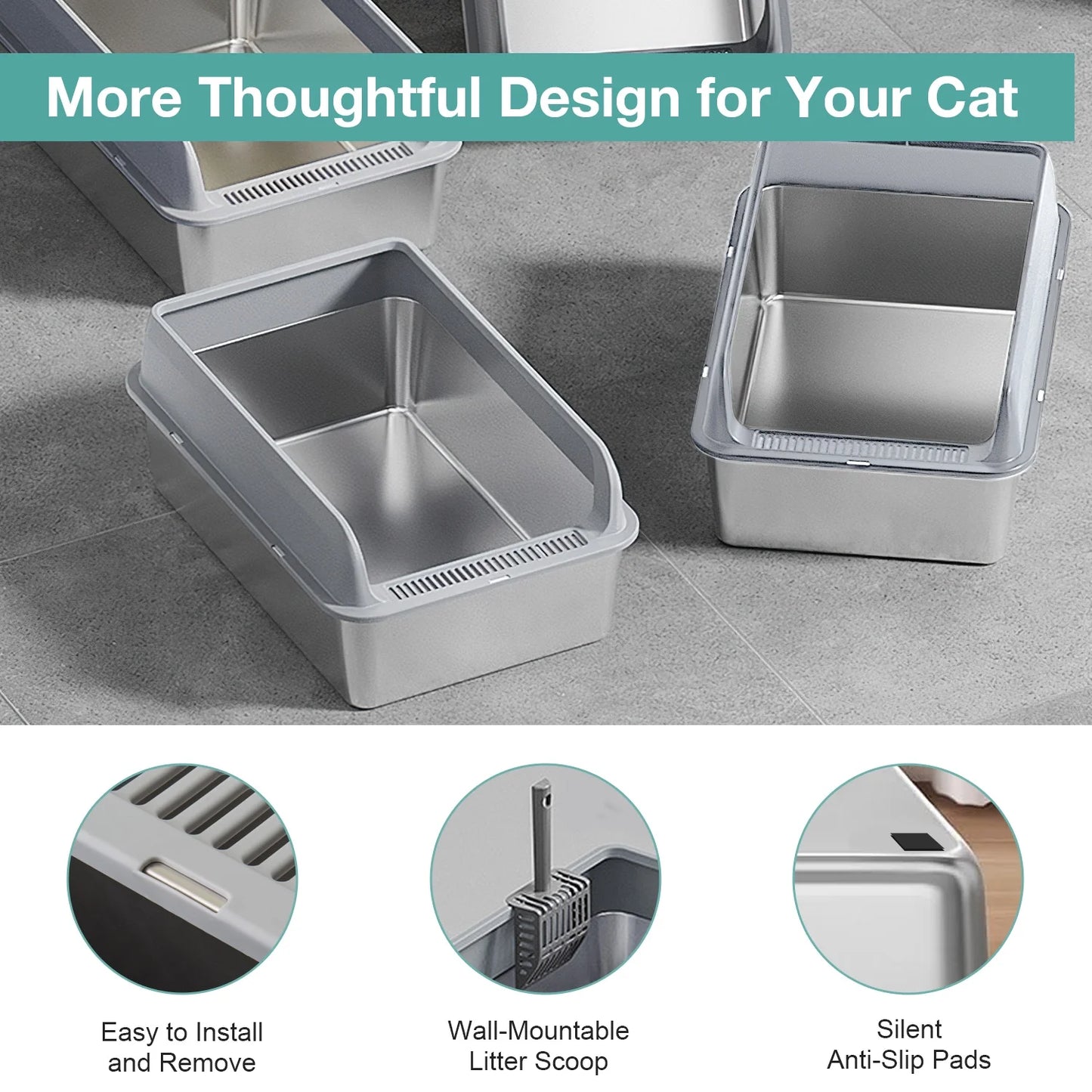 Stainless Steel Cat Litter Box for Large Cats (L), Dark Gray