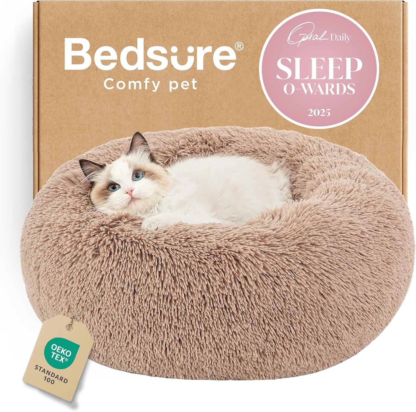 Calming Plush Cat Bed, 20 in (50 cm) – Anti-Slip, Washable (Camel)